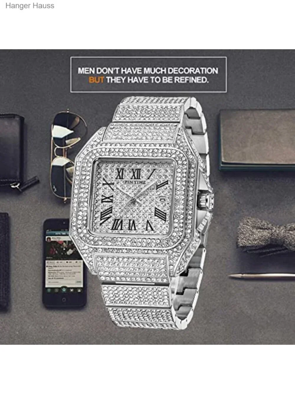Iced Out Hip Hop Men's Crystal Watch Rectangle Case Stainless Steel Quartz